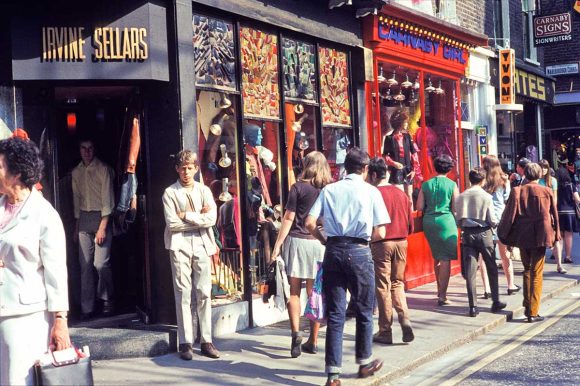 'Irvine Sellars' and other boutiques in Carnaby Street in 1968 London, UK