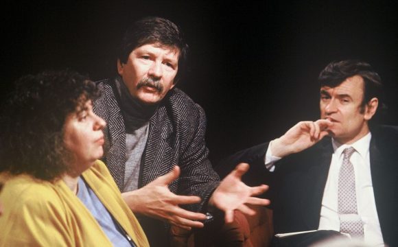 James Haynes (centre) on the TV discussion programme 'After Dark', with Andrea Dworkin (left) and host Anthony Clare (right) (1988)