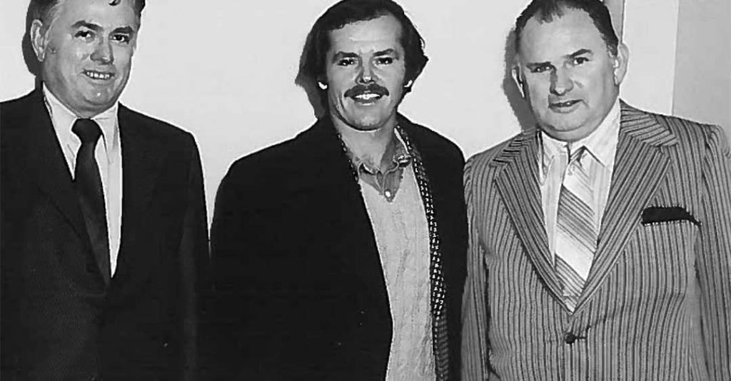 Photograph of Bob Hartgrove (left), Jack Nicholson (centre), and Robert R. O'Donnell (right) at the premiere of 'Goin' South' in Dallas, Texas, USA (1978)