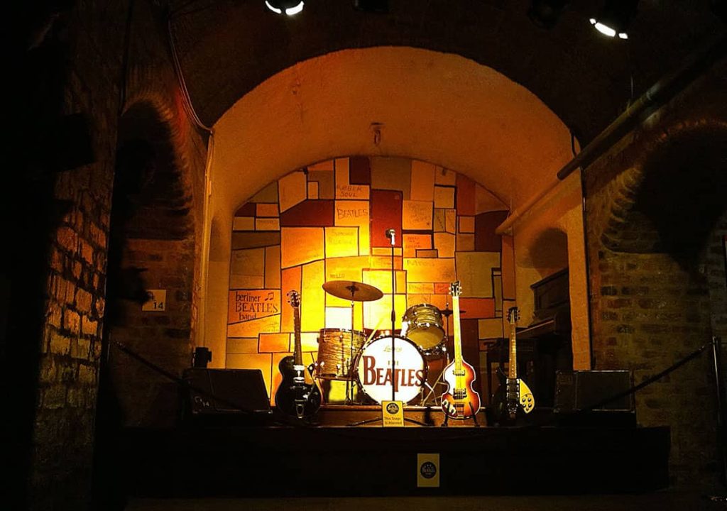Photograph of a display stage in the Cavern Club with instruments used by 'The Beatles' (2012)