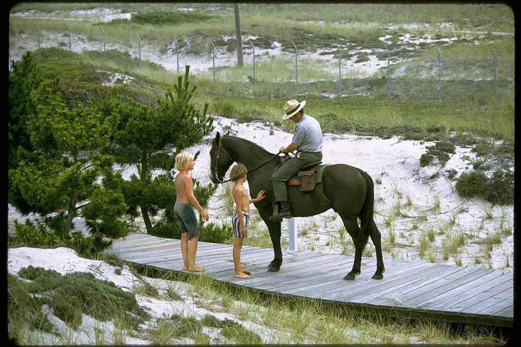 Fire Island National Seashore Ranger riding a horse whilst two kids gently pet the animal