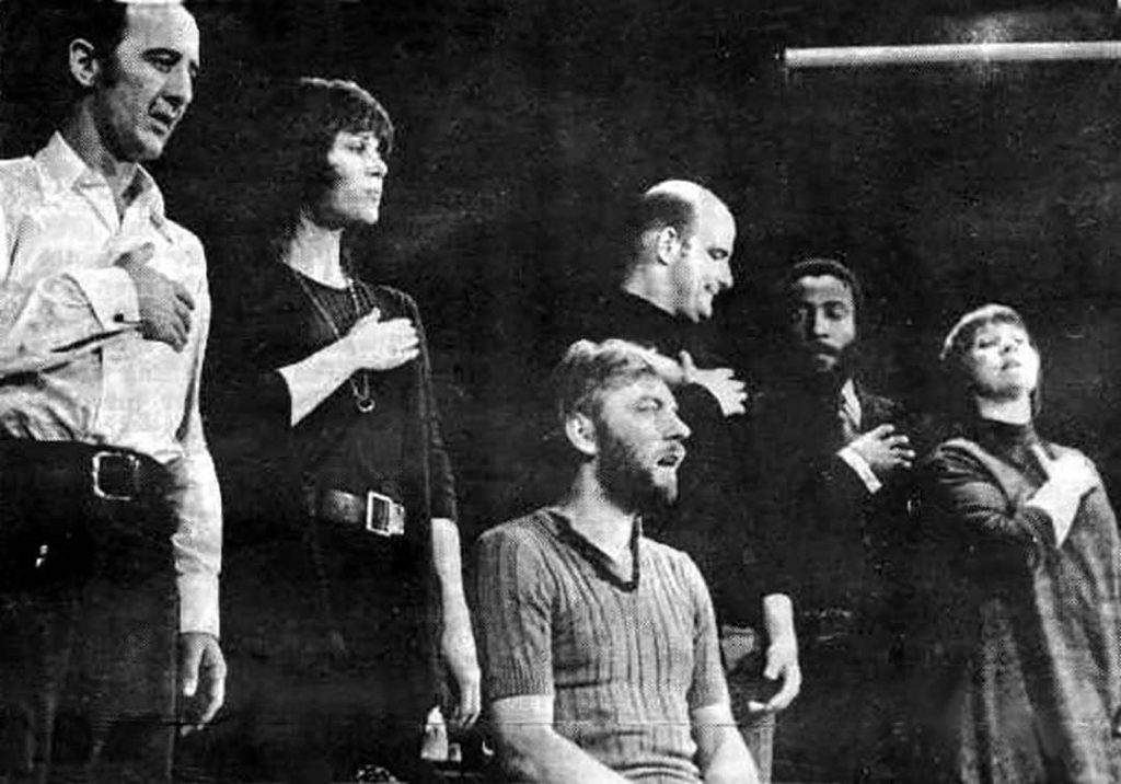 The original cast of the FTA (Fuck The Army) Show in 1971 at the Haymarket Square GI coffeehouse. From left: Garry Goodrow, Jane Fonda, Donald Sutherland, Peter Boyle, Dick Gregory, and Barbara Dane (1971)