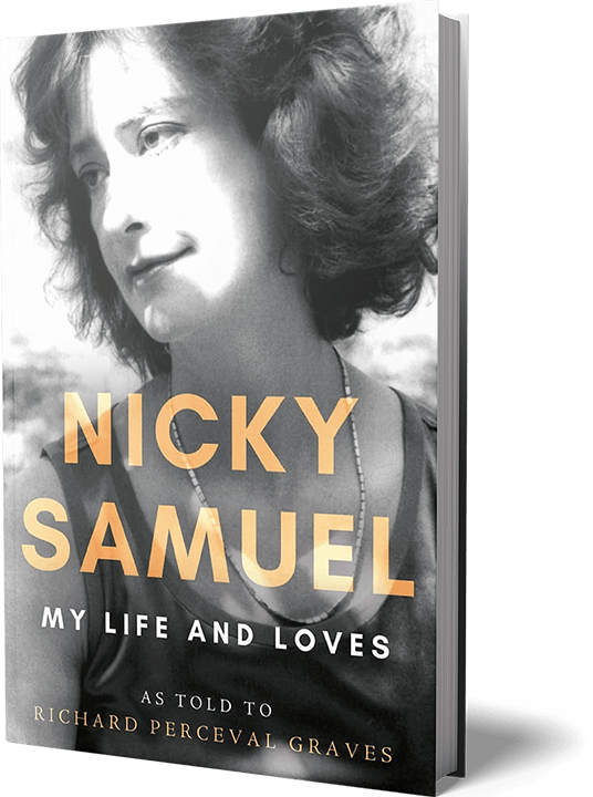 Tilted hardback book cover mock-up of Nicky Samuel: My Life and Loves